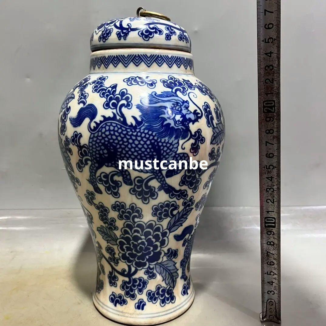 青花纏枝蓮麒麟紋茶蓋缶 景徳鎮 陶磁器 装飾品 現代工芸品 美術品 置物