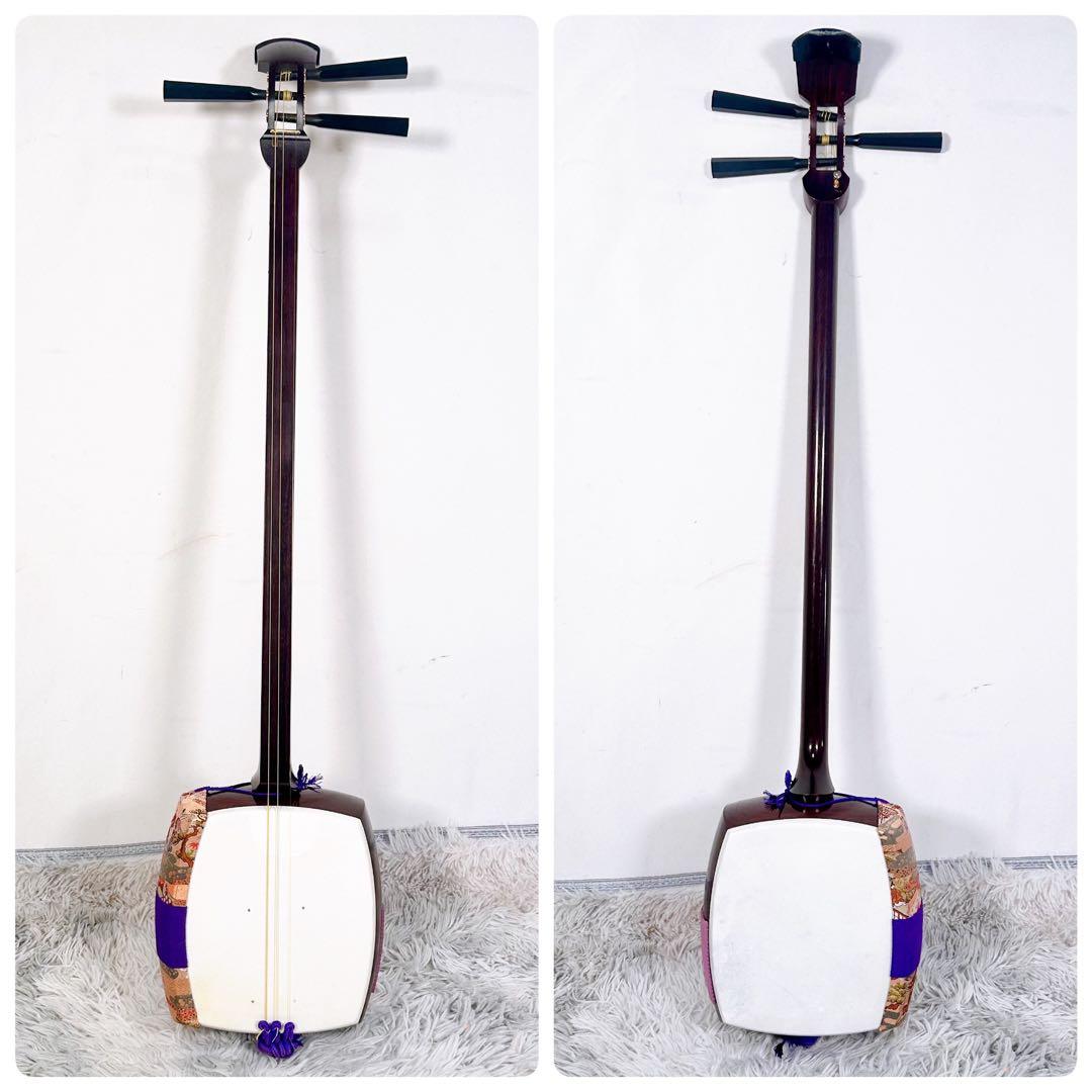 【希少】民謡三味線　中棹　紅木　正寸　二本溝　丸打胴　皮やぶれなし　天神欠けなし