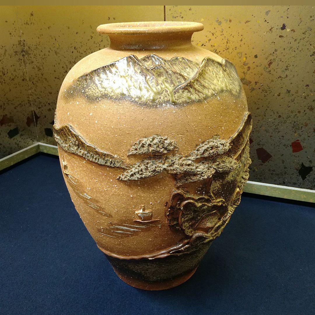 ab53 信楽焼 花入 山水 帆かけ船 花器 花瓶 飾り壷 置物 美品 銘有