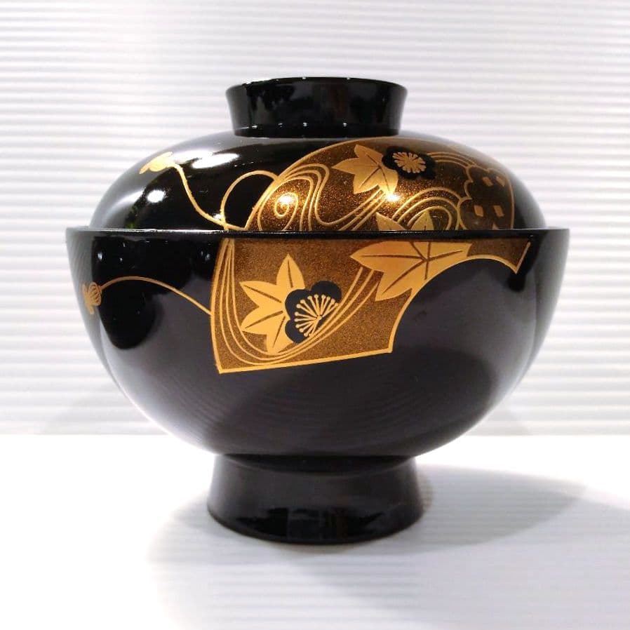 会津塗 漆器 漆 黒塗 扇 蒔絵 吸物椀 汁椀 蓋付き 和食器 黒金 5客揃