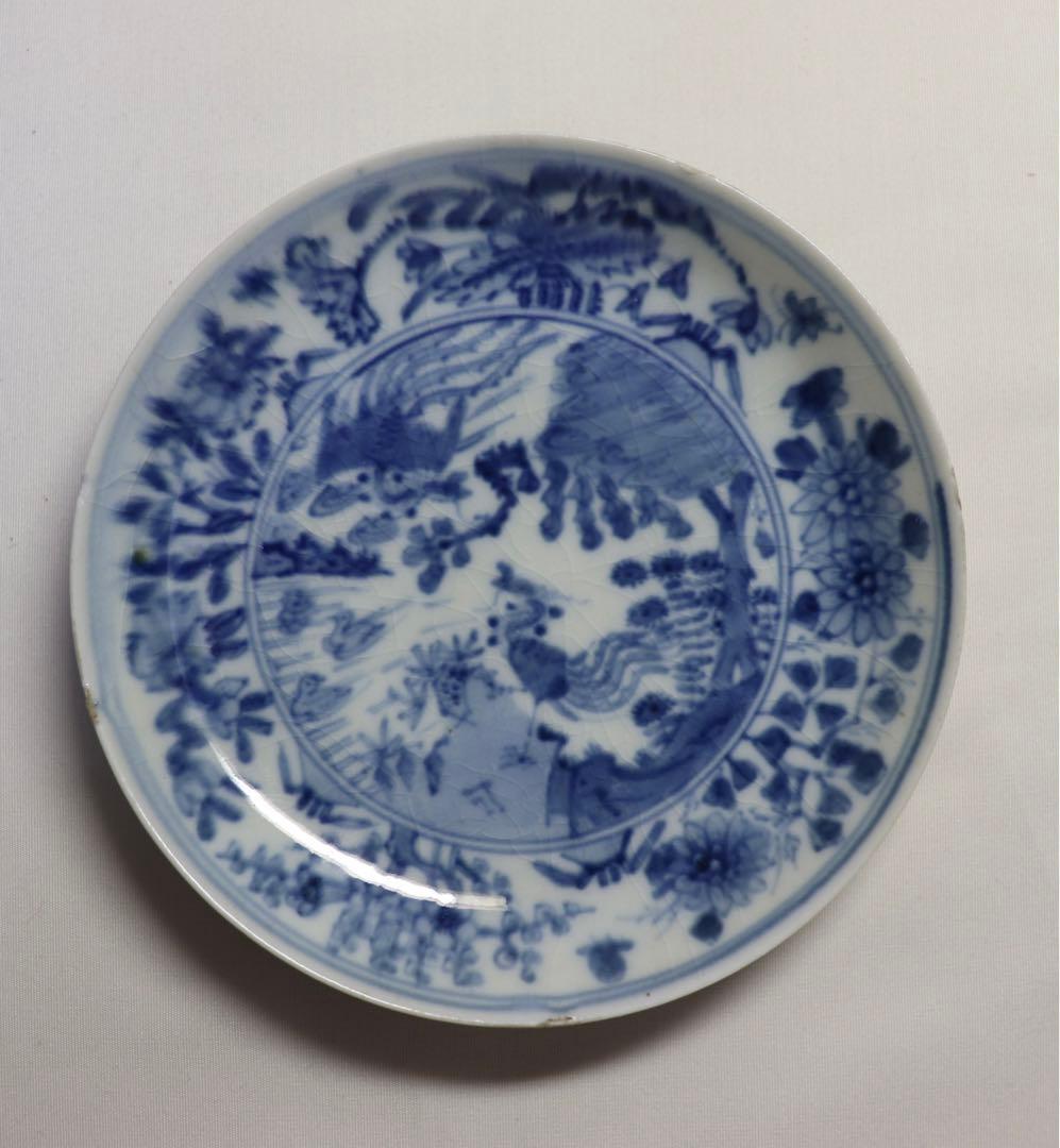 中国　明時代　染付鳳紋小皿2点　古染　芙蓉手　木箱付　送料込み0516