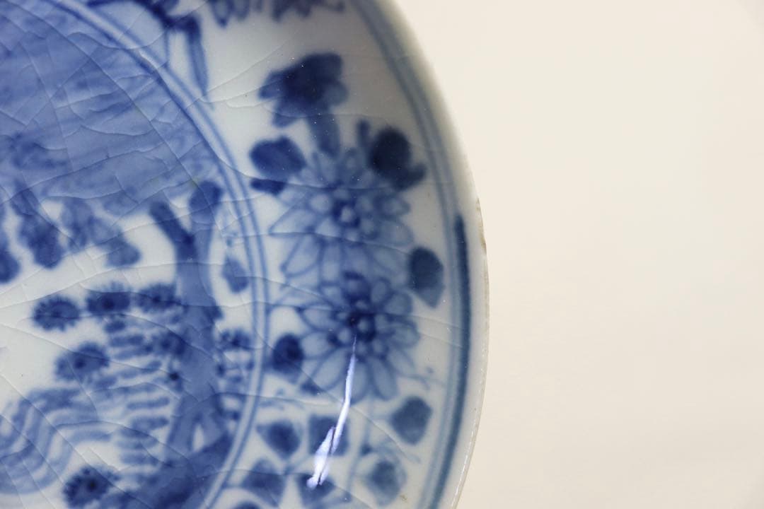 中国　明時代　染付鳳紋小皿2点　古染　芙蓉手　木箱付　送料込み0516