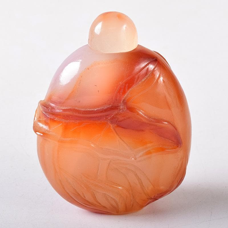 中国　玉石瑪瑙石彫刻　蓮葉金魚刻　鼻煙壷　小壷　時代箱付　M　R8754