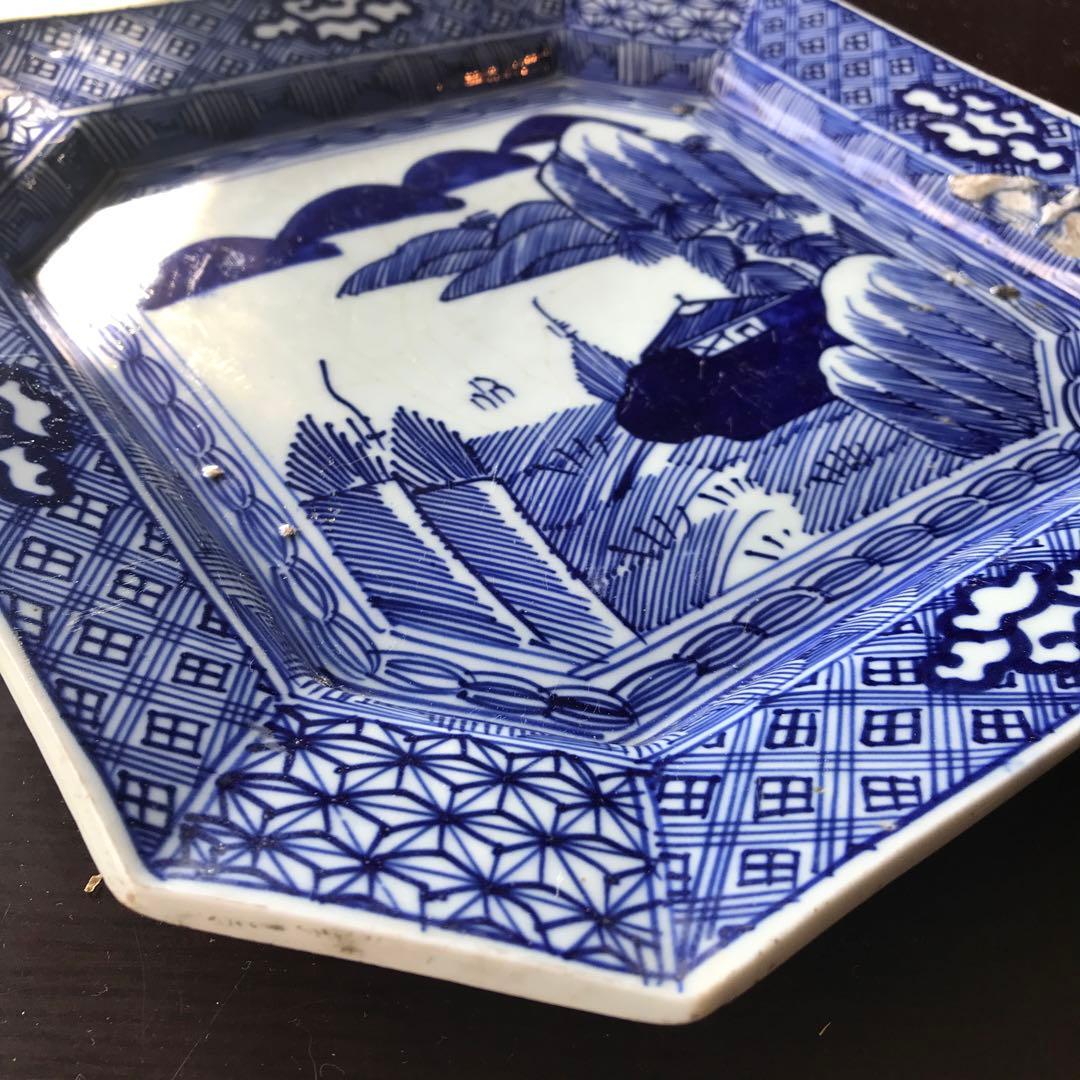 美品　古伊万里　陶器　年代物　盛り皿　角皿　八角絵皿　線画　山水の絵柄が素敵な
