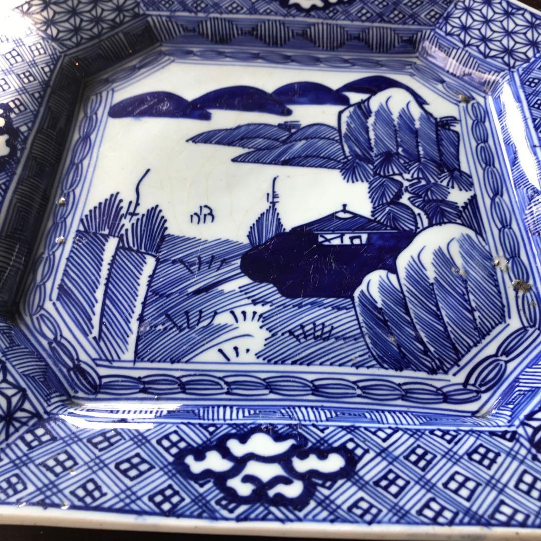 美品　古伊万里　陶器　年代物　盛り皿　角皿　八角絵皿　線画　山水の絵柄が素敵な