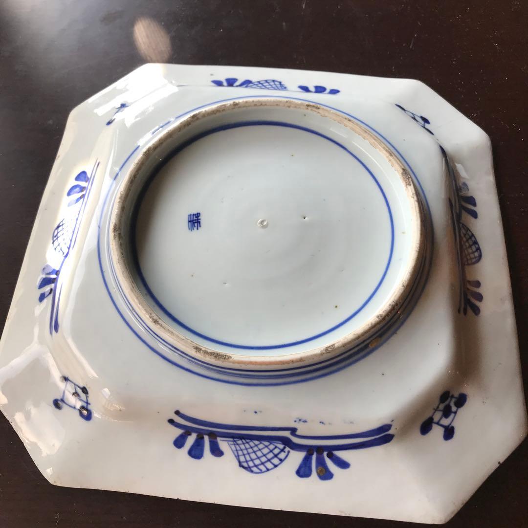 美品　古伊万里　陶器　年代物　盛り皿　角皿　八角絵皿　線画　山水の絵柄が素敵な