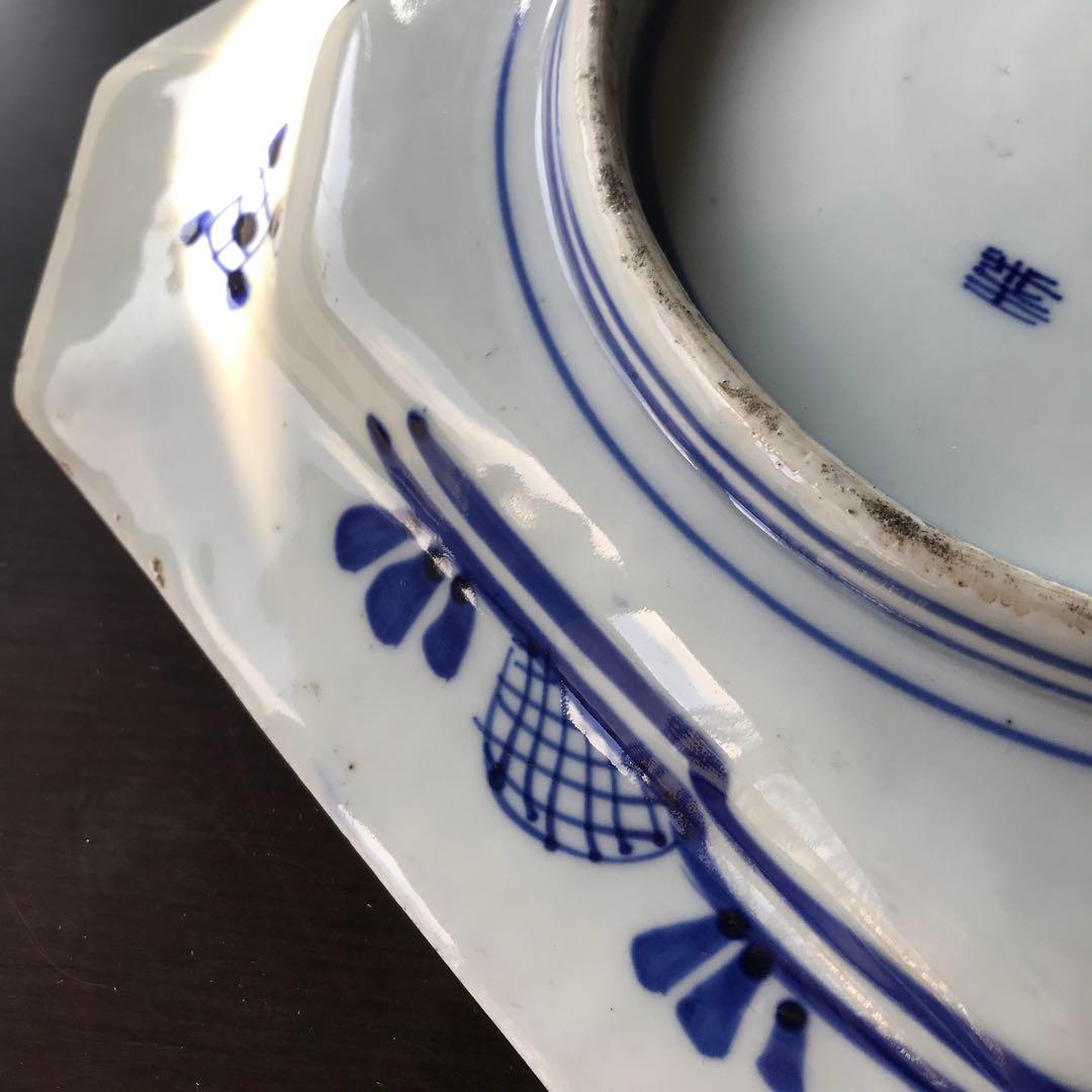 美品　古伊万里　陶器　年代物　盛り皿　角皿　八角絵皿　線画　山水の絵柄が素敵な