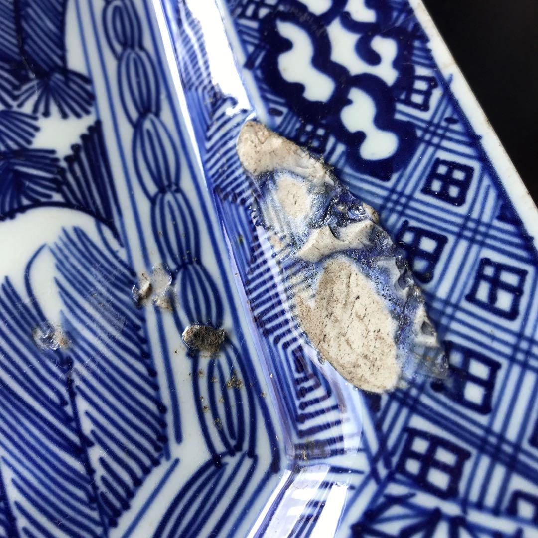 美品　古伊万里　陶器　年代物　盛り皿　角皿　八角絵皿　線画　山水の絵柄が素敵な