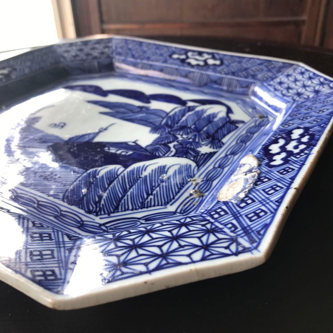 美品　古伊万里　陶器　年代物　盛り皿　角皿　八角絵皿　線画　山水の絵柄が素敵な