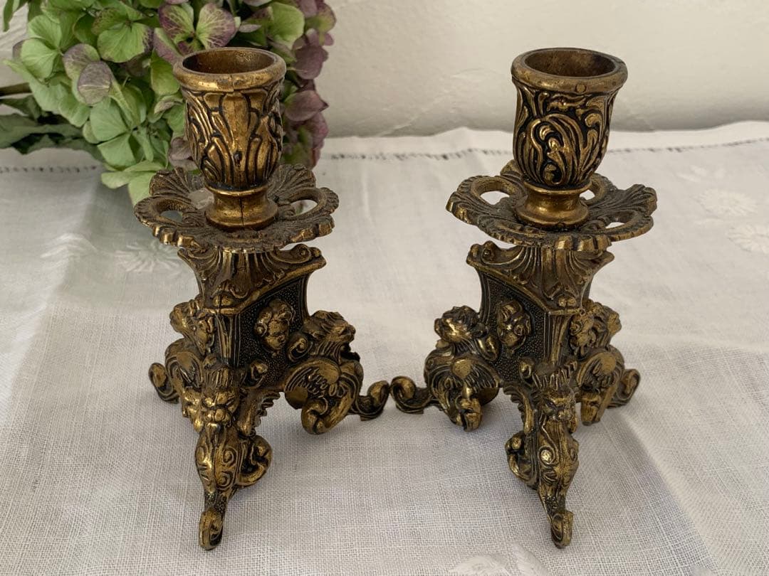 ヨーロッパ　蚤の市　キャンドルスタンド　天使　ペア　ブロカント