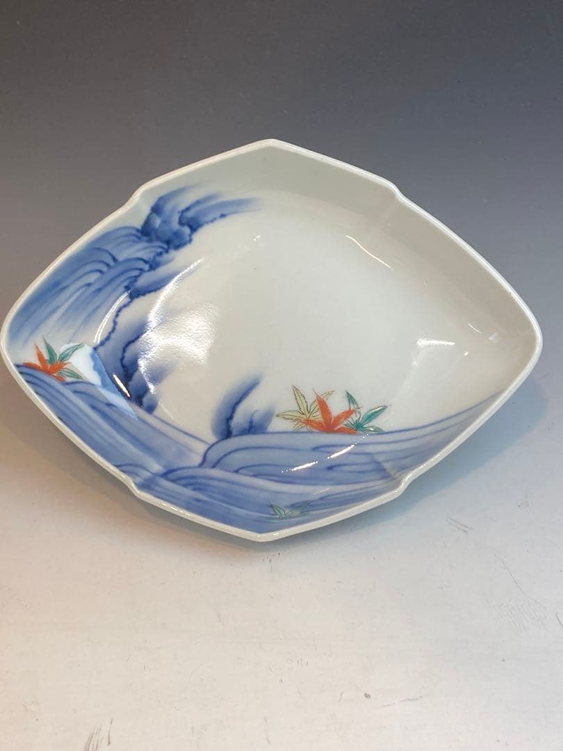 柿右衛門 染錦流水紅葉文菱形皿4客 角福在銘 古作