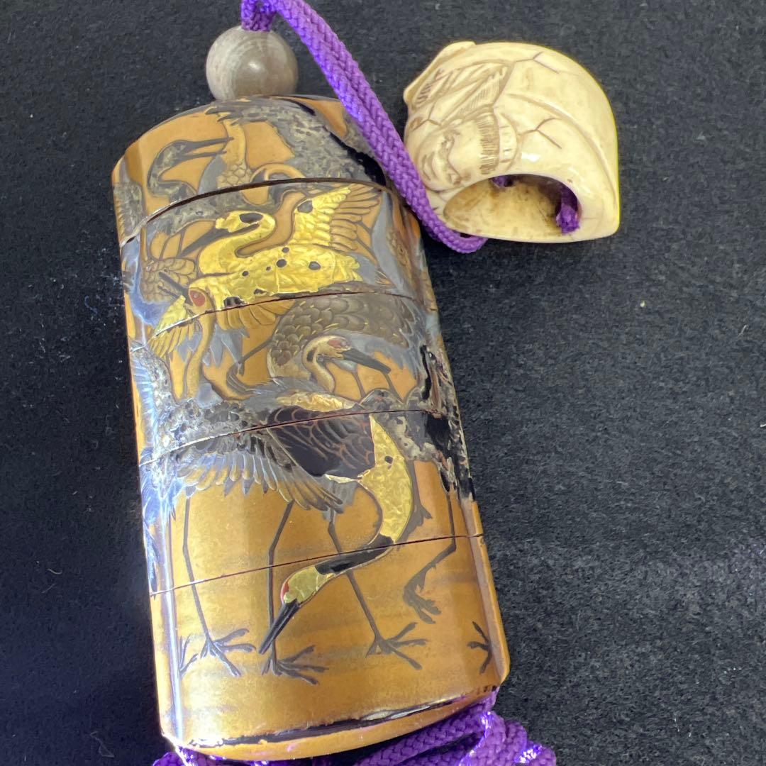 江戸時代　鶴蒔絵印籠、根付　70g 東Y8-0122☆2Fトコカ