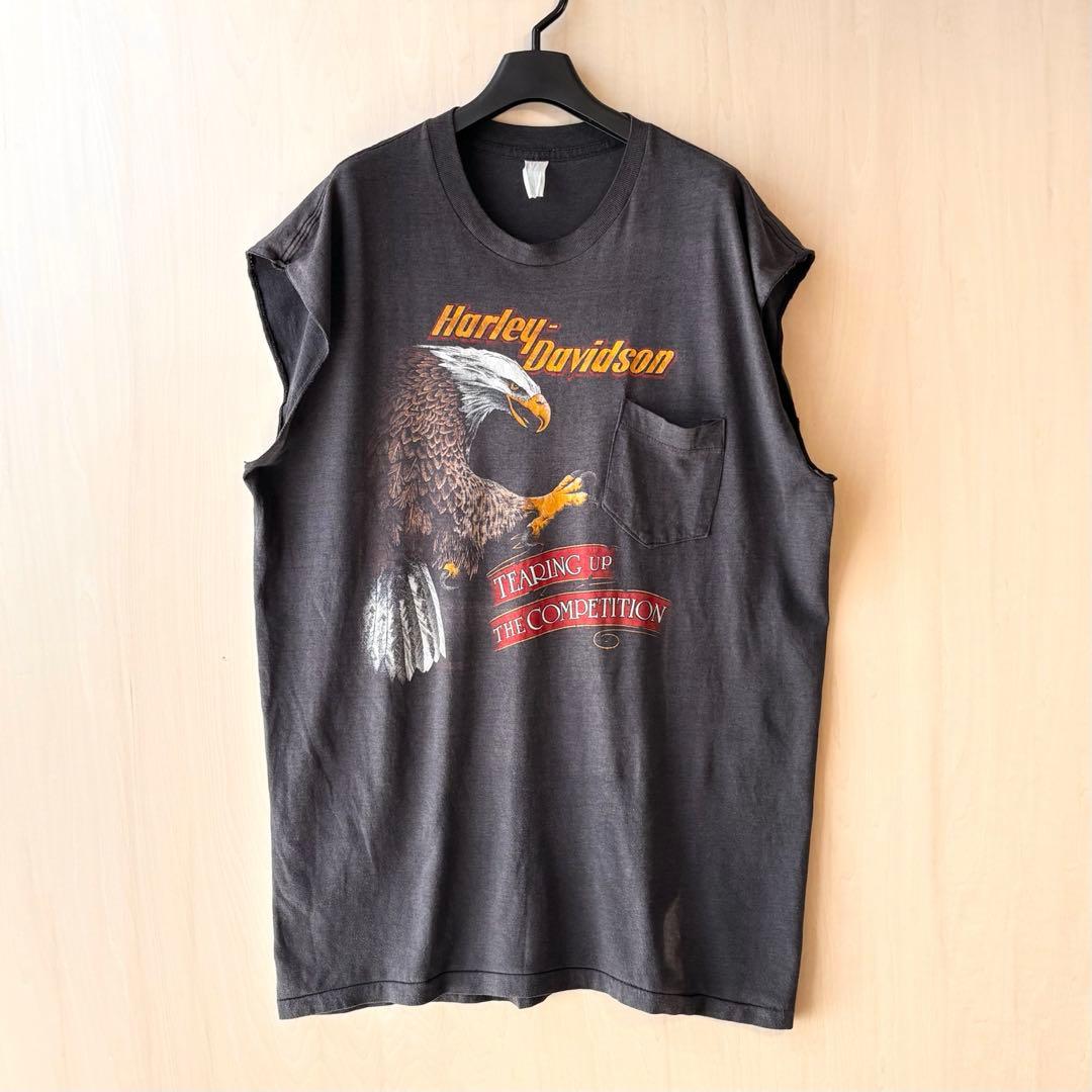 80s古着　ハーレーダビッドソン ノースリーブ　ポケット　両面プリントイーグル
