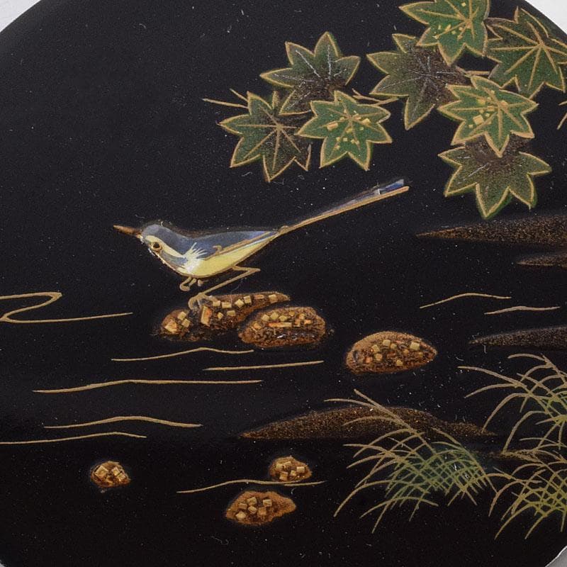 茶道具　輪島塗　蒔絵師　蓑輪一星作　青楓に鶺鴒蒔絵　香合　共箱　V　8963