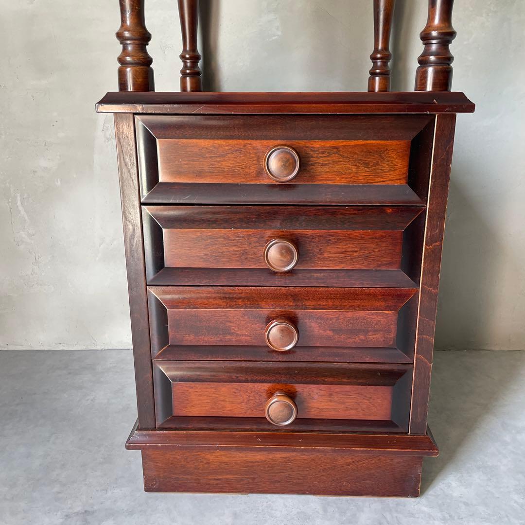 木製　桜材　ダークブラウン　電話台　民芸家具　抽斗４杯　アンティーク風　レトロ