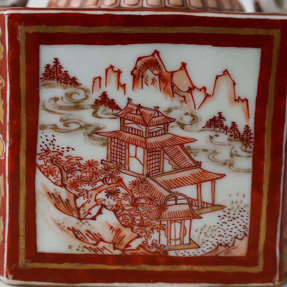 時代年代物 九谷焼 赤絵金彩唐草楼閣図 水注 酒器 煎茶器