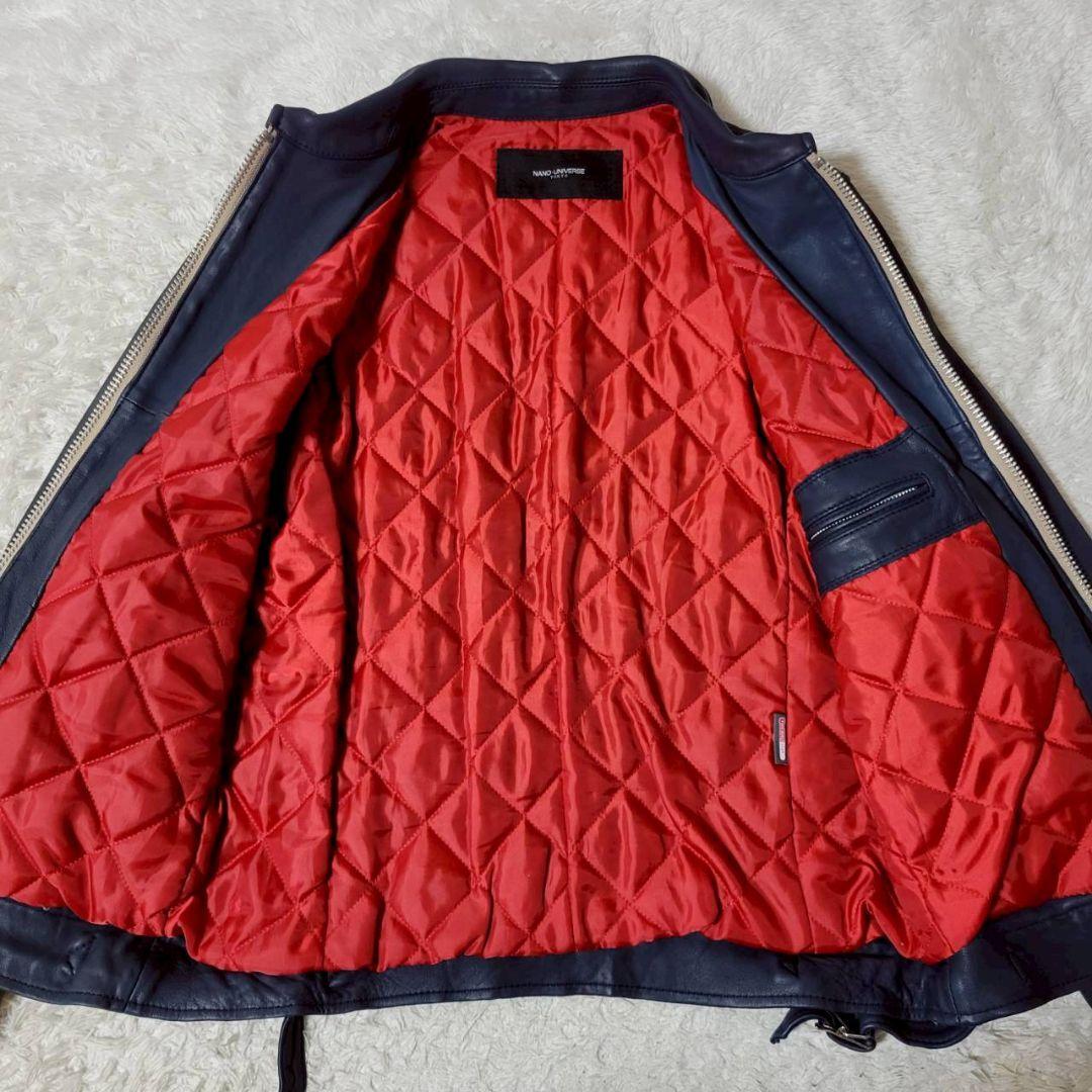 美品✨　ナノユニバース 羊革 ライダース ジャケット 紺 中綿 キルティング L
