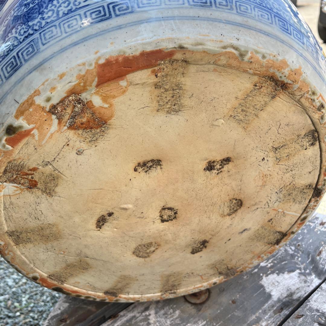 骨董 火鉢 大型 染付 睡蓮鉢 金魚 メダカ テーブル 鉢カバー 古民具 陶器