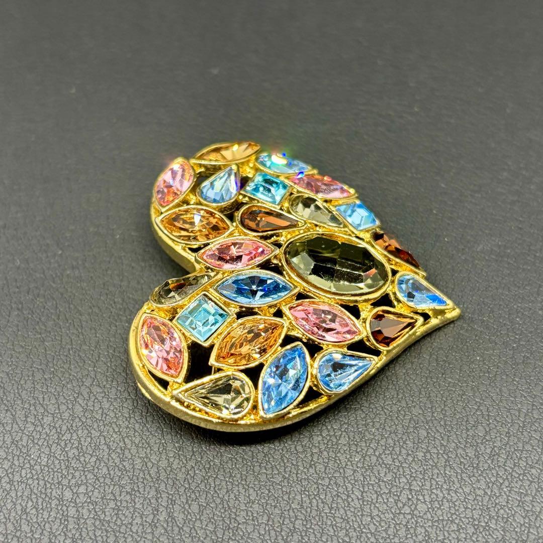 【希少】【美品】【イヴ・サンローラン】ハート カラーストーン ビジュー ブローチ