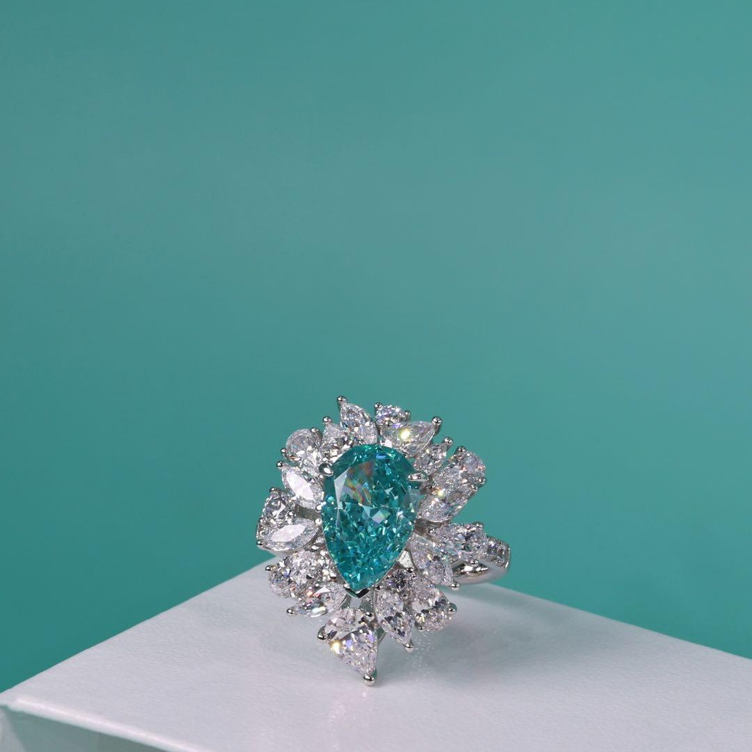 【S925純銀】ラボグロウン・パライバ リング／6.5ct／ハローセッティング