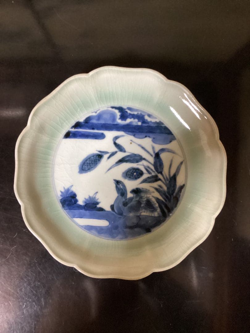 江戸初期青磁染付図皿　古伊万里コレクション買取出品　時代物