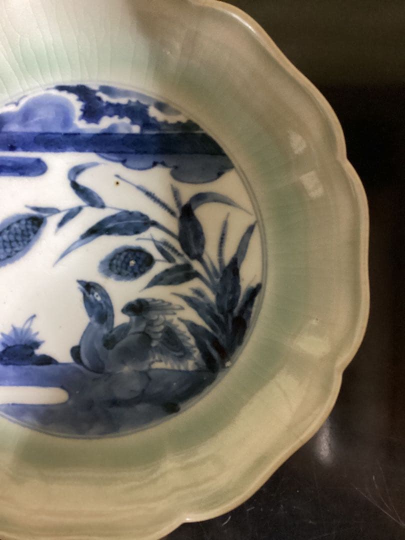 江戸初期青磁染付図皿　古伊万里コレクション買取出品　時代物