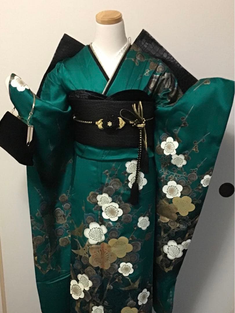 振袖フルセット　豪華　正絹　緑　金銀彩　梅　振袖6点セット　成人式