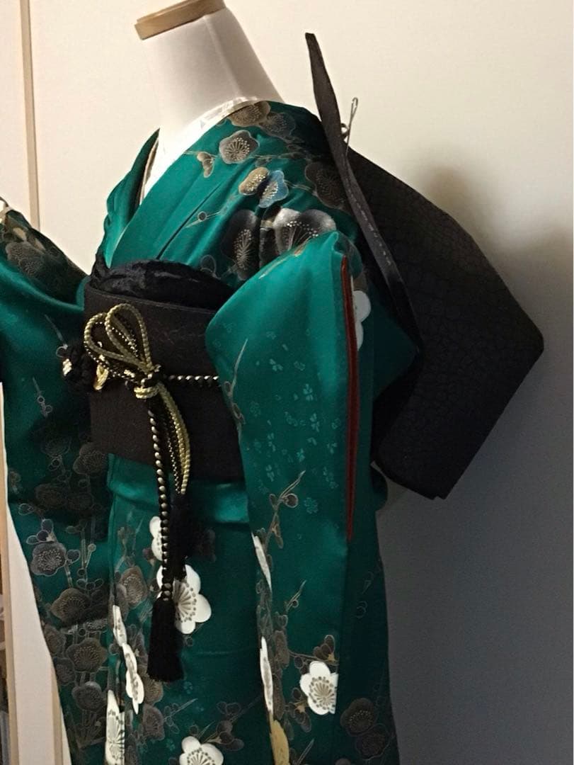 振袖フルセット　豪華　正絹　緑　金銀彩　梅　振袖6点セット　成人式