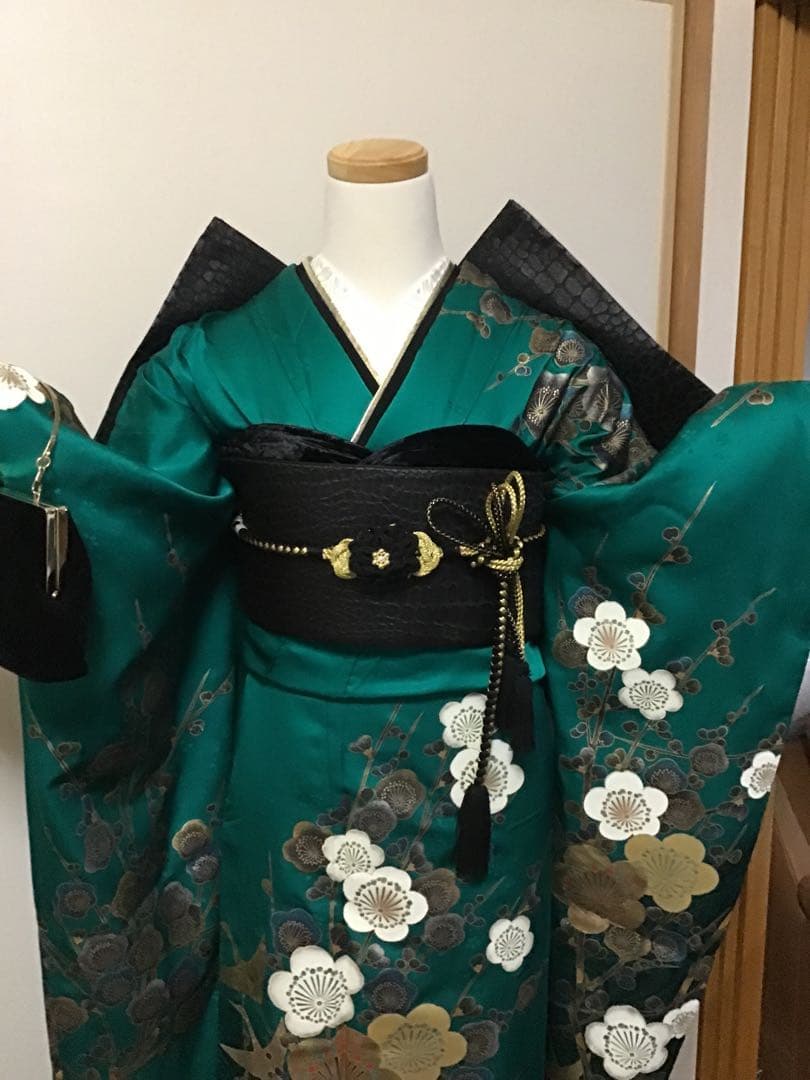 振袖フルセット　豪華　正絹　緑　金銀彩　梅　振袖6点セット　成人式