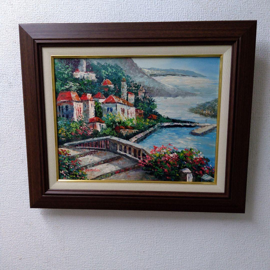 肉質油絵　横　F6　赤い屋根の家　額装仕上げ品