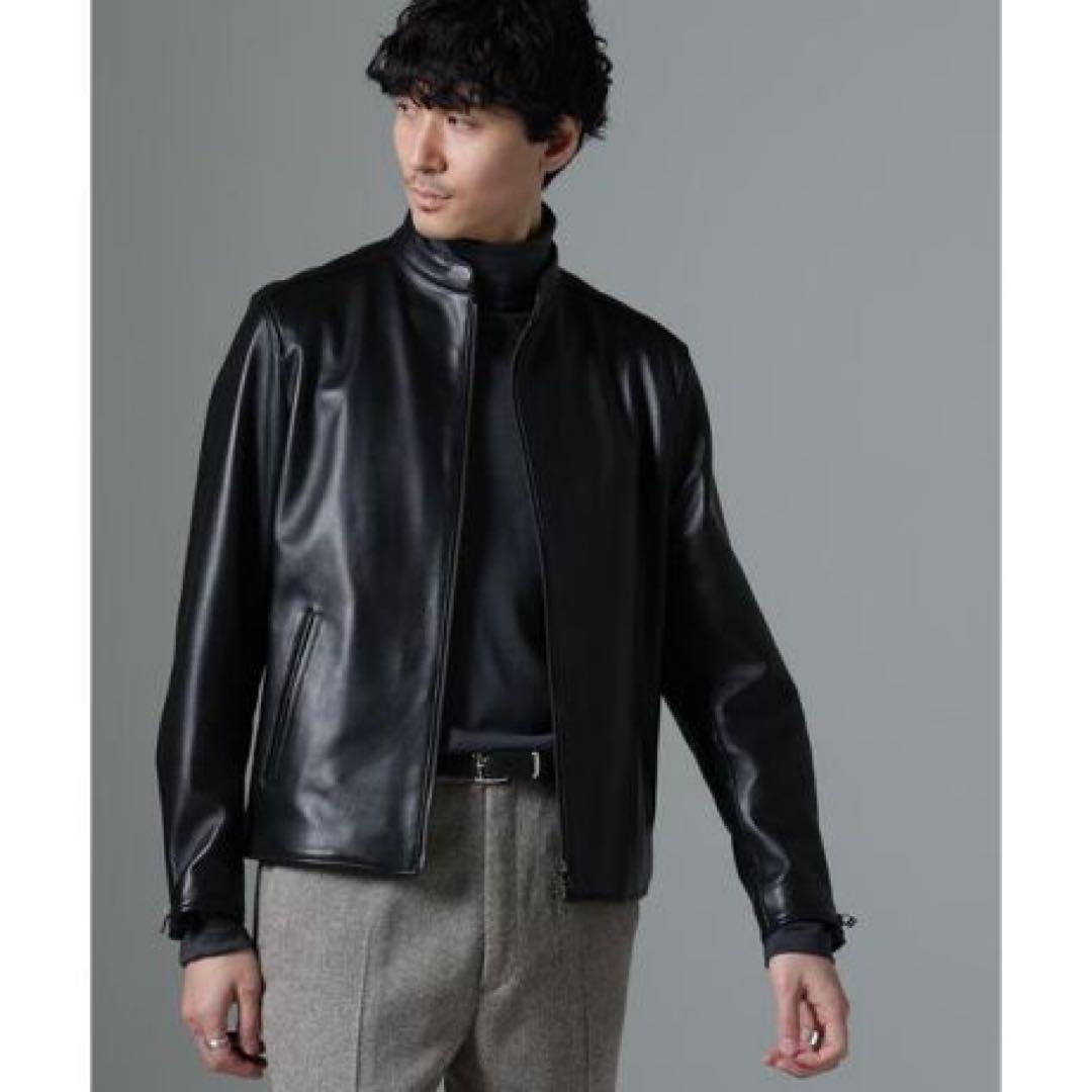 新品　ナノユニバース　バンドカラーレザーシングルライダースジャケット　羊革