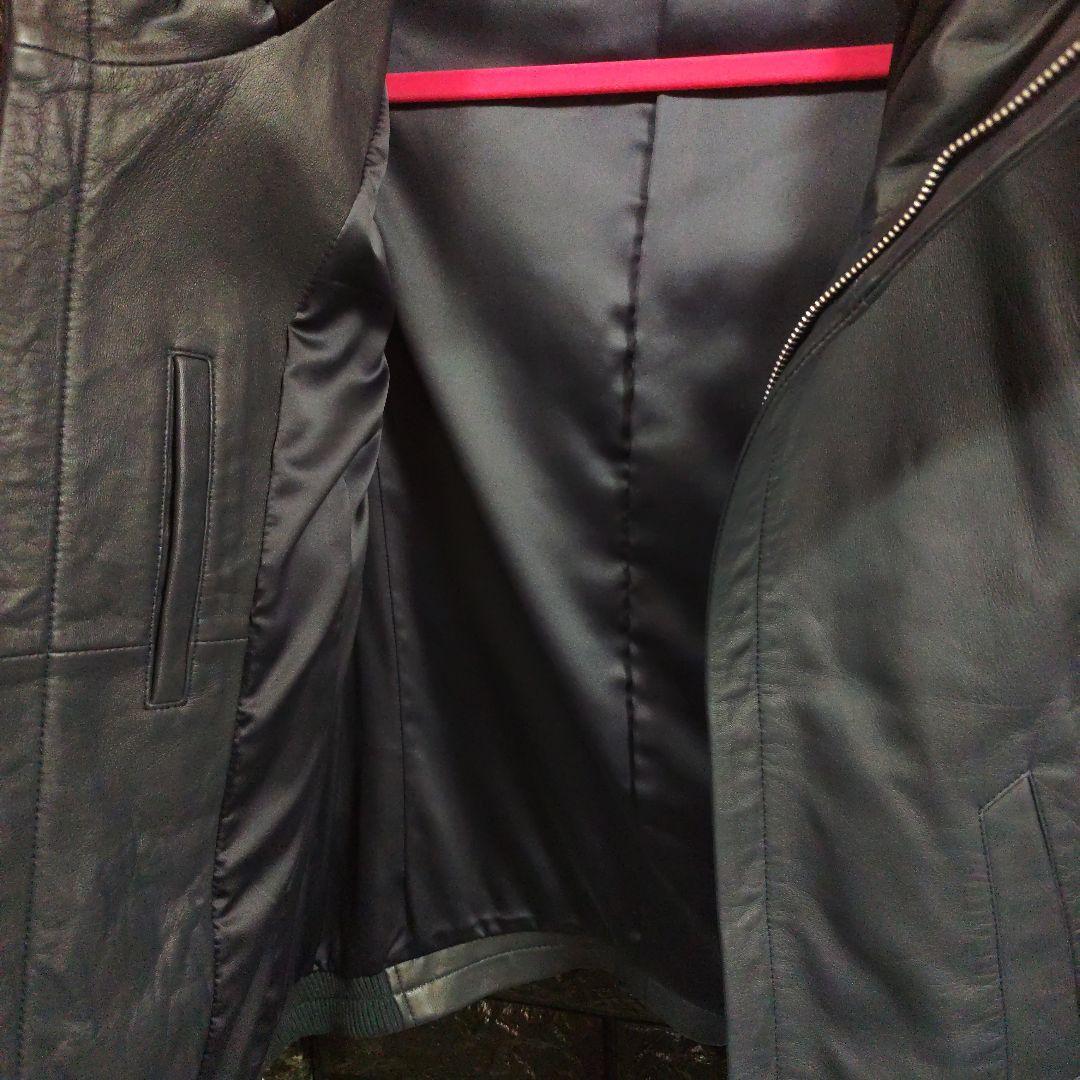 新品未使用品ノーアイディー濃紺ラムレザーライダースフード付きジャケット完売品