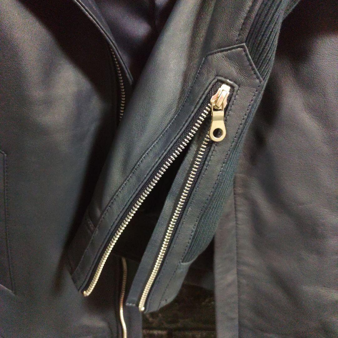 新品未使用品ノーアイディー濃紺ラムレザーライダースフード付きジャケット完売品