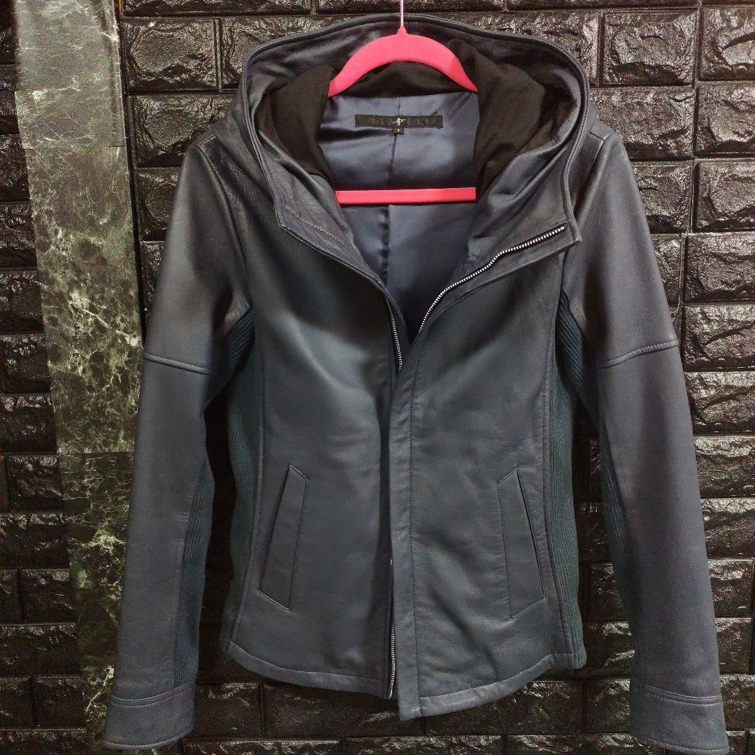 新品未使用品ノーアイディー濃紺ラムレザーライダースフード付きジャケット完売品