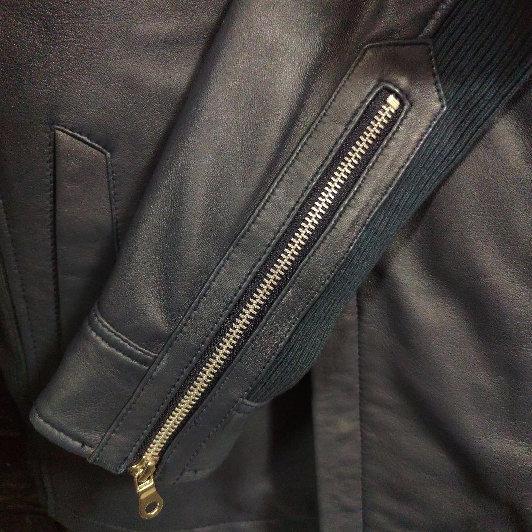 新品未使用品ノーアイディー濃紺ラムレザーライダースフード付きジャケット完売品