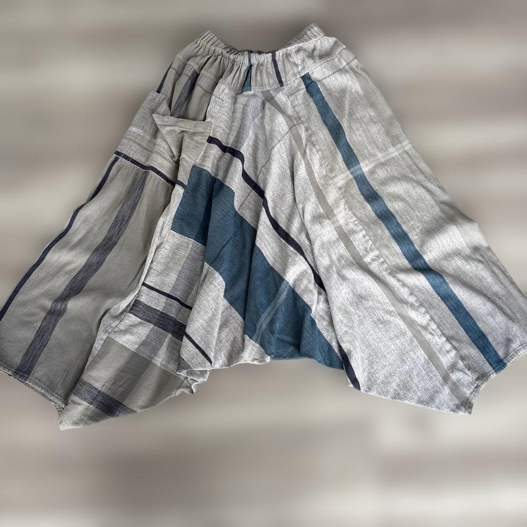 サルエルパンツ グレーと青のストライプ