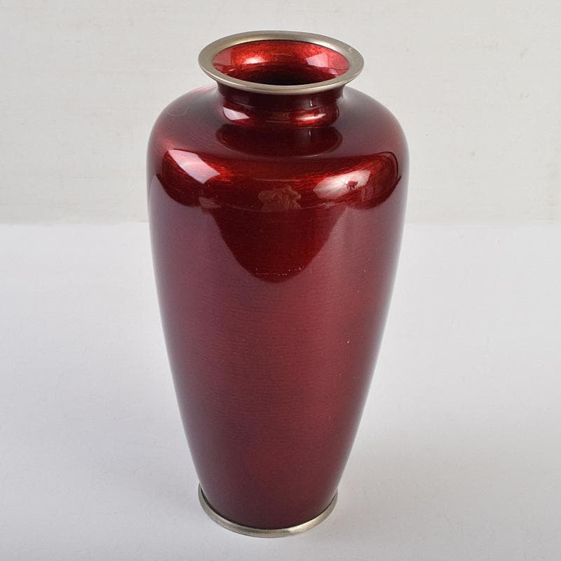 七宝焼　安藤七宝店　赤透釉　カトレア文　花瓶　C　R9409