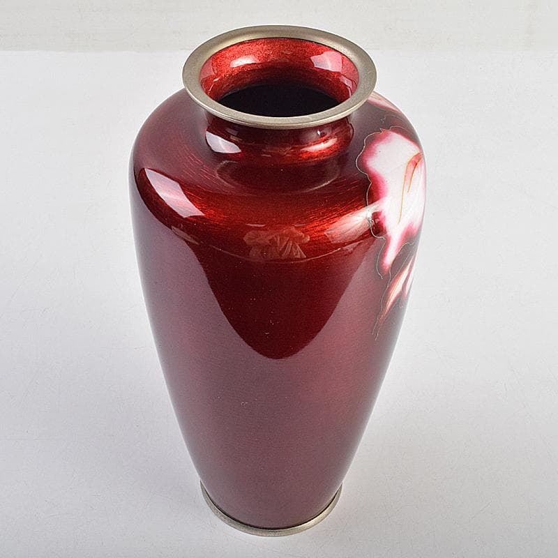 七宝焼　安藤七宝店　赤透釉　カトレア文　花瓶　C　R9409