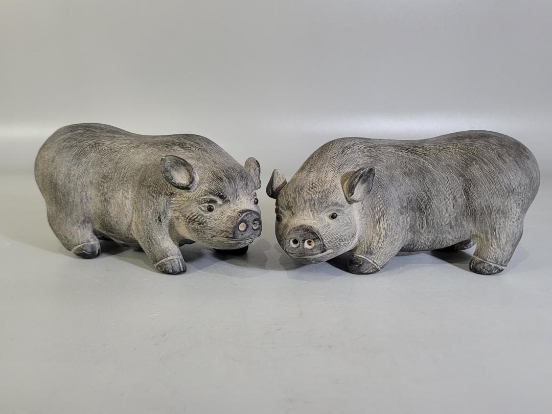 陳鳴遠 底款刻 在銘 朱泥 ブタ　夫婦 豚 置物