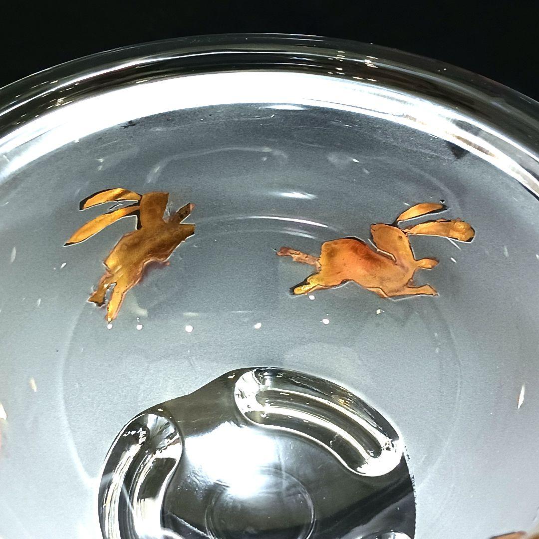 Y3279-3 ガラス製 金彩ウサギ文 蓋付碗 ガラス碗 2客セット