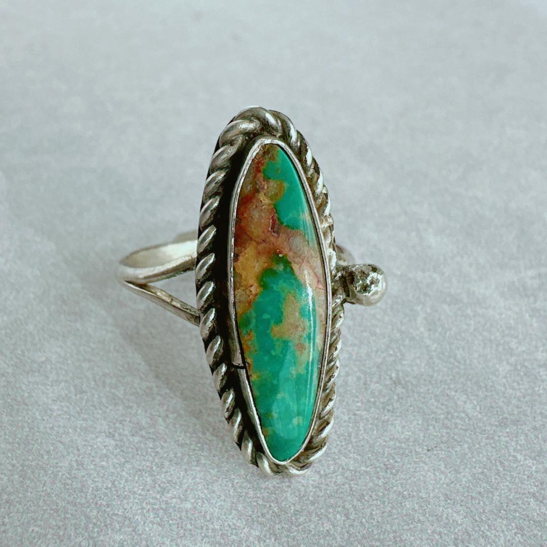 【J338】ヴィンテージ　ナバホ　ターコイズ　オーバル　シルバーリング　11号