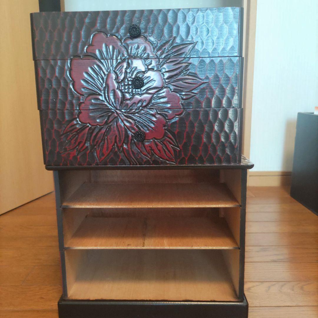 鎌倉彫漆器 牡丹柄 文箱 引き出し3つ