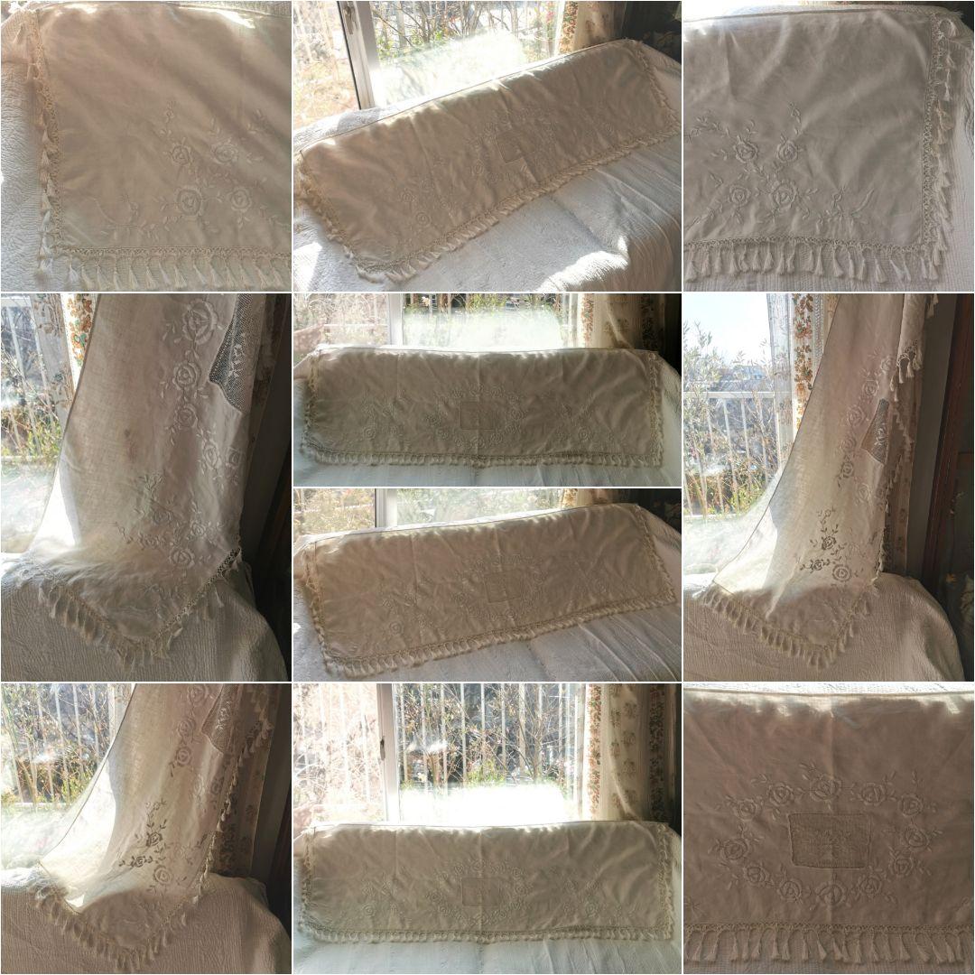 アンティークフランス ローズ刺繍とフィレレースのタッセルフリンジ付リネンカーテン