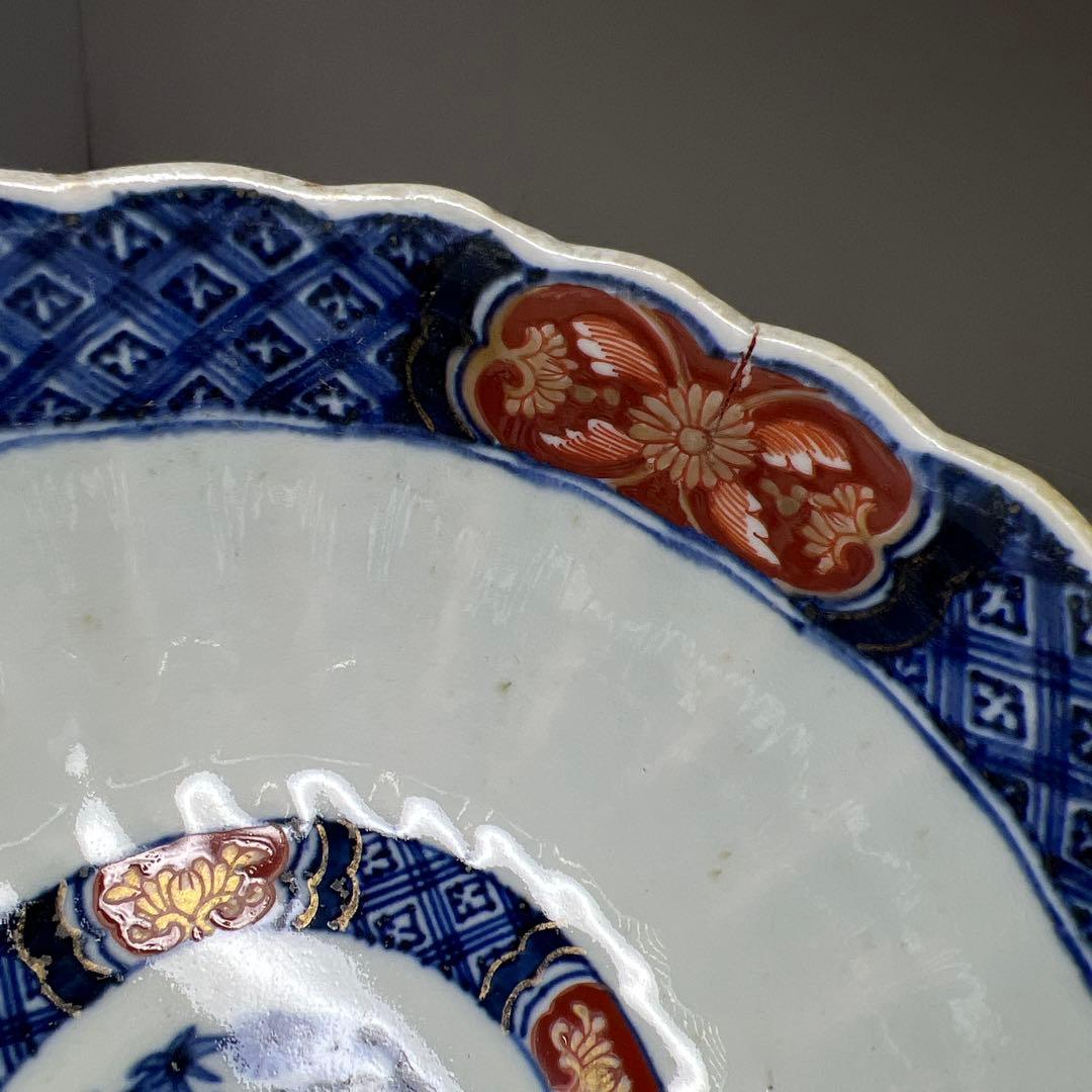 古伊万里　染錦菊割ミツ鉢　木箱　幅約24/21/18㎝　東Y7-0725③タカサ