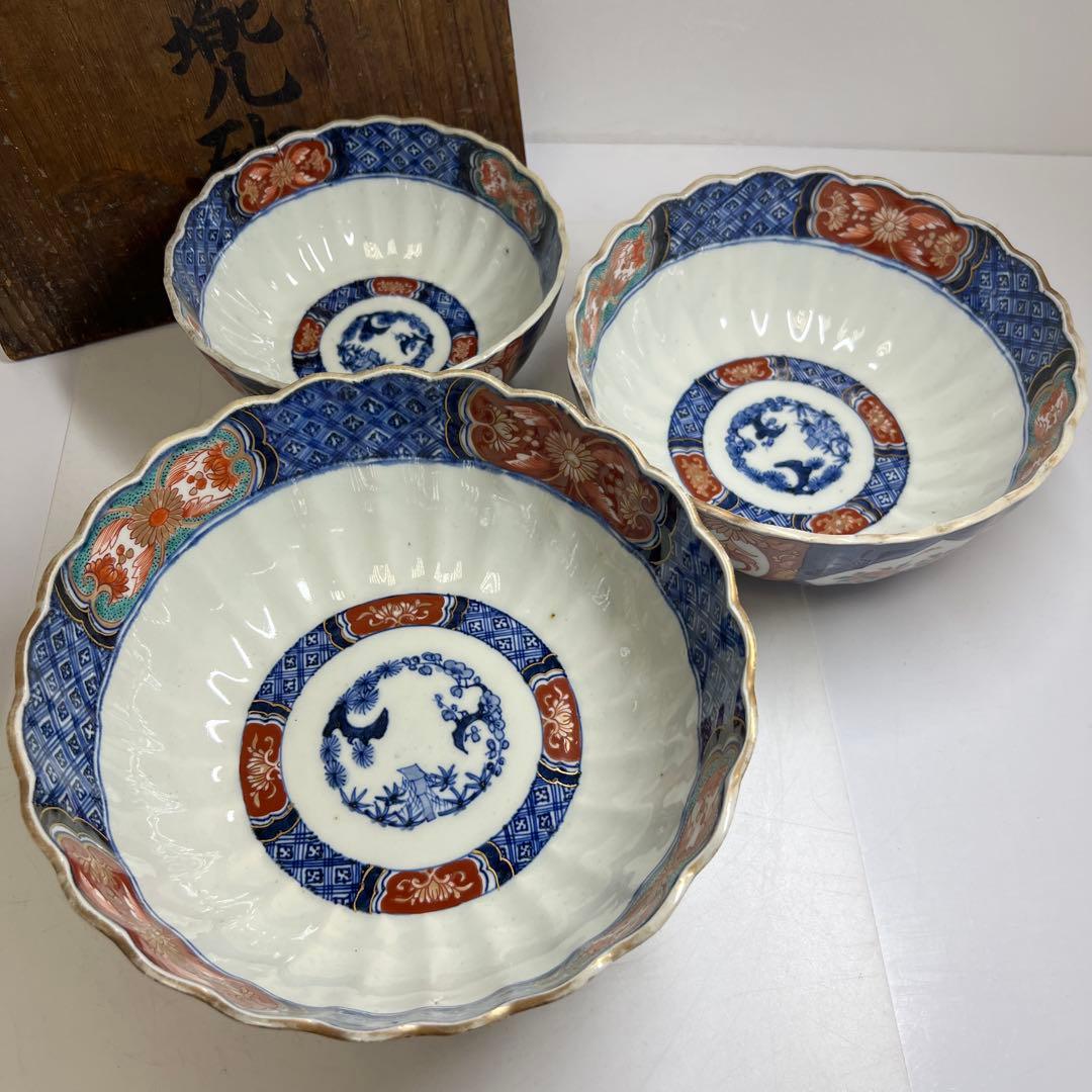 古伊万里　染錦菊割ミツ鉢　木箱　幅約24/21/18㎝　東Y7-0725③タカサ