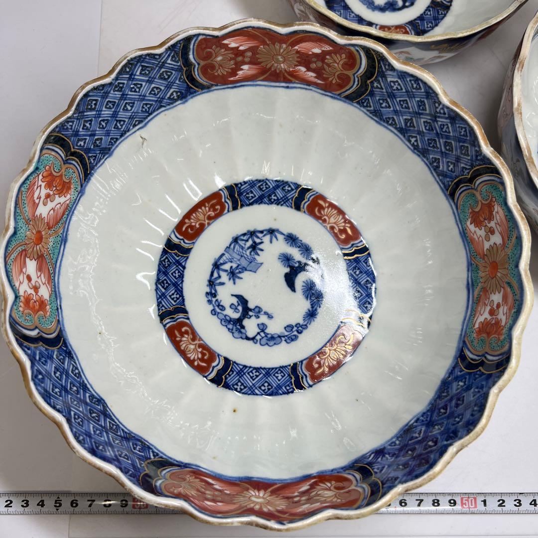 古伊万里　染錦菊割ミツ鉢　木箱　幅約24/21/18㎝　東Y7-0725③タカサ