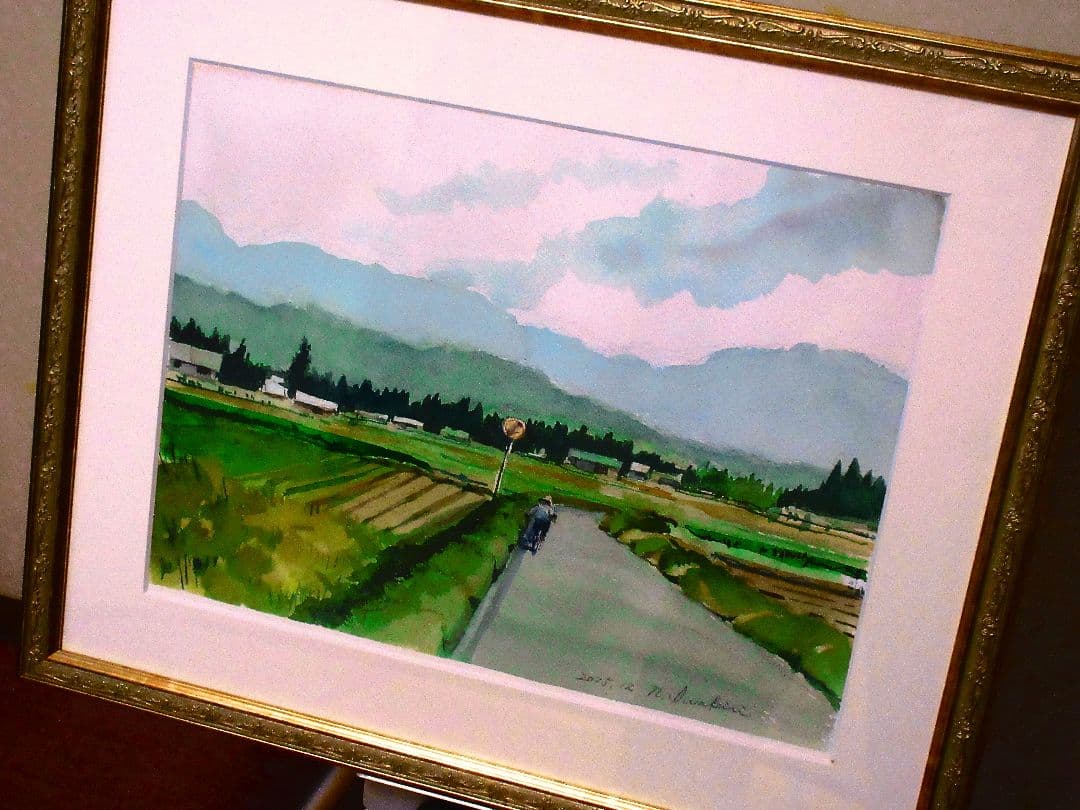 水彩画 田舎の風景 額装済み F6サイズ 原画