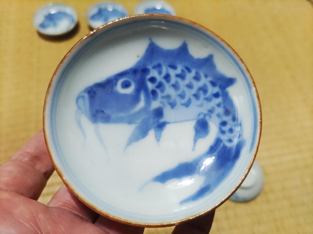 ５枚セット　新渡　鯉図　小皿・平盃（径９㎝）中国　清朝期