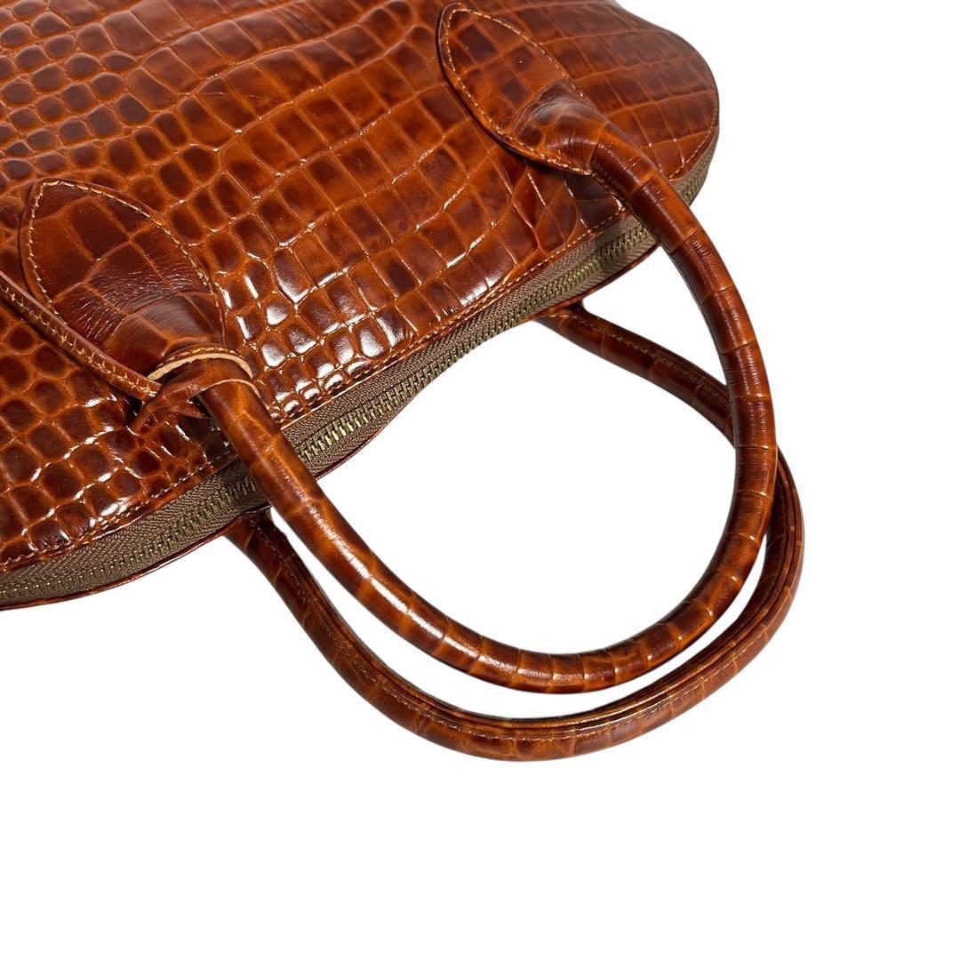クロコダイル型押し 茶レザーバッグ 鍵付き 大容量