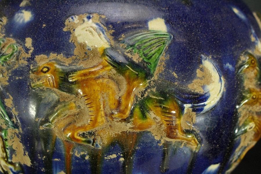 中国美術 唐三彩 貼花紋 丸壷 φ30cm(LC240)